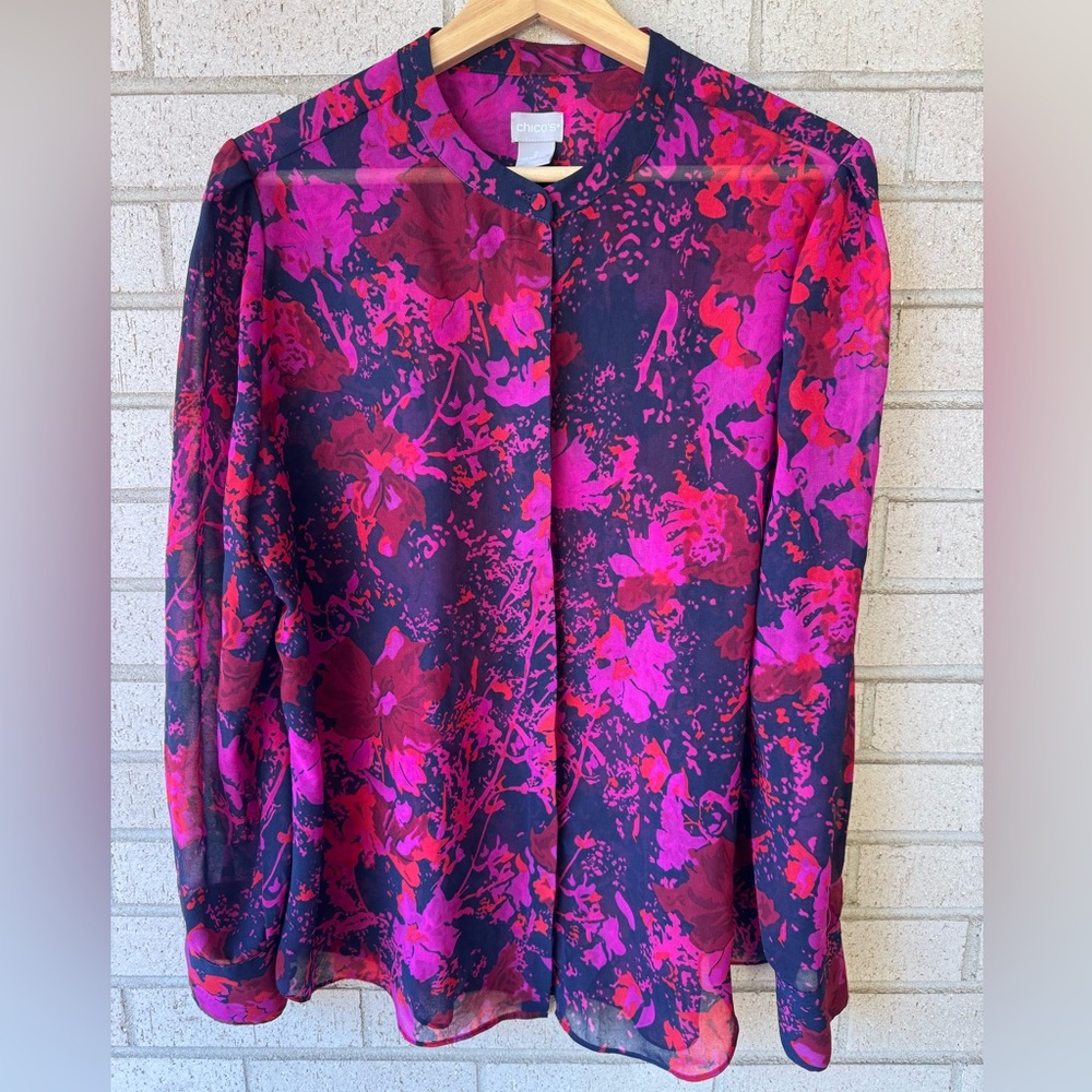 Chicoβs Sheer Floral Blouse | Pink & Navy | Long Sleeve | Size 2 (12/14)